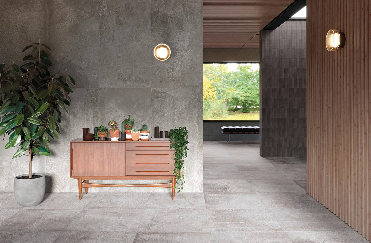 Raumabbildung Hous, gestaltet mit Fliesen aus der Kollektion: OXIDE – SCHWARZ, GRAU