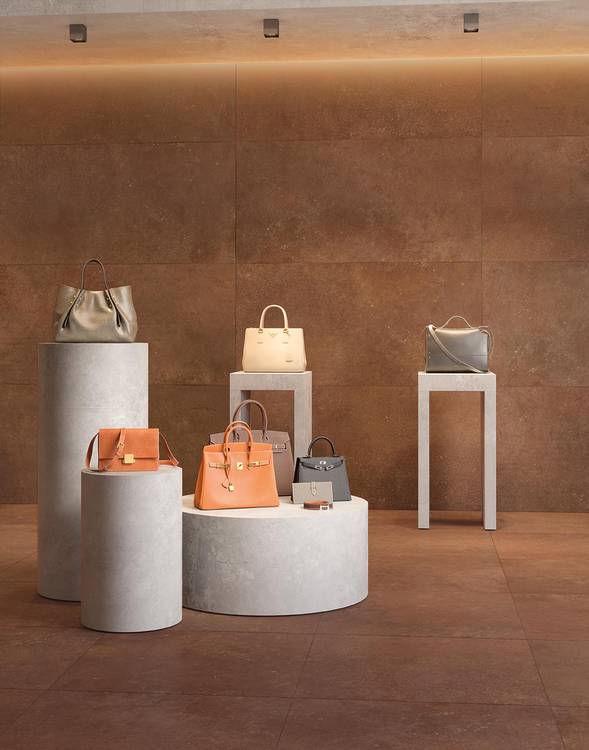 Imagen de ambiente Contrato, realizada con baldosas de la colección: OXIDE – BROWN