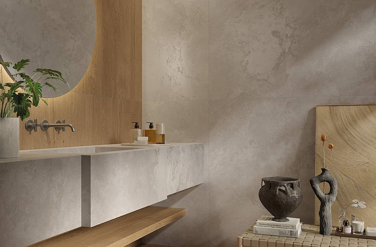 Room view Bathroom, created with tiles from the collection: PLEIN AIR – Brown, Beige