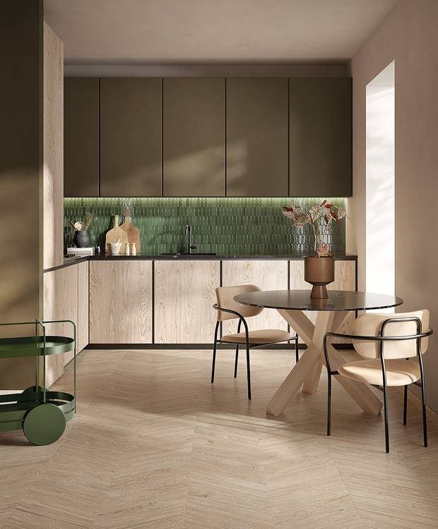 Imagen de ambiente Cocina, realizada con baldosas de la colección: PLEIN AIR – Verde, BEIGE
