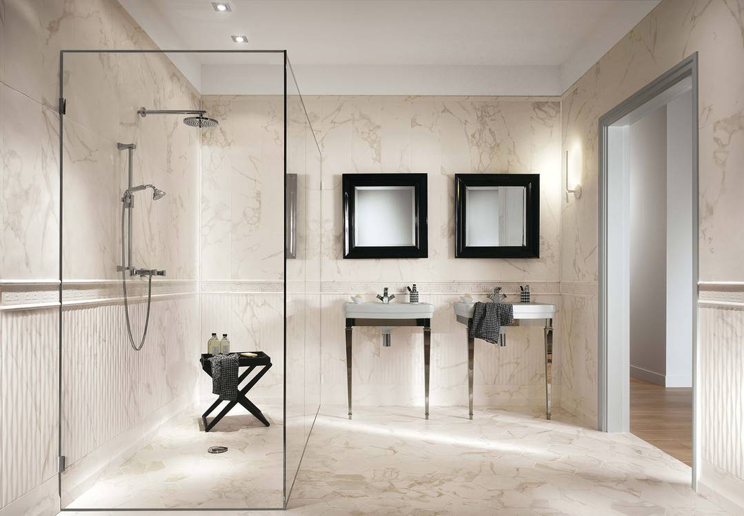 Imagen de ambiente Baño, realizada con baldosas de la colección: ROMA – BLANCO