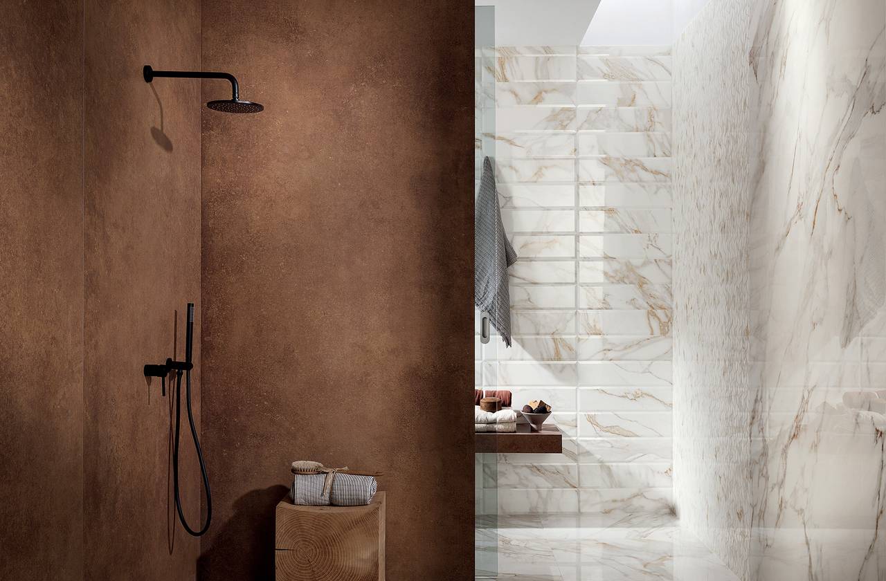 Room view Bathroom, created with tiles from the collection: ROMA GOLD – White, Brown