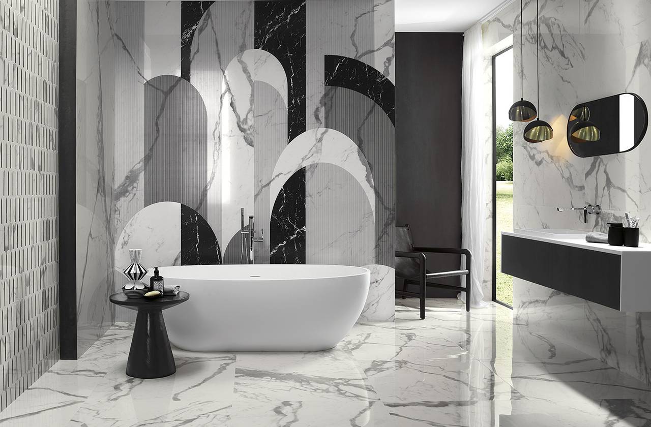 Room view Bathroom, created with tiles from the collection: ROMA GOLD – White, Black