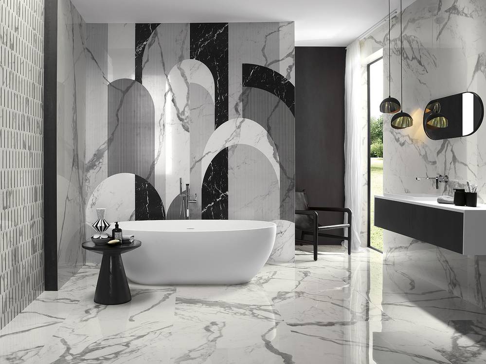 Room view , created with tiles from the collection: FAP MAXXI 120x278 – White, Black