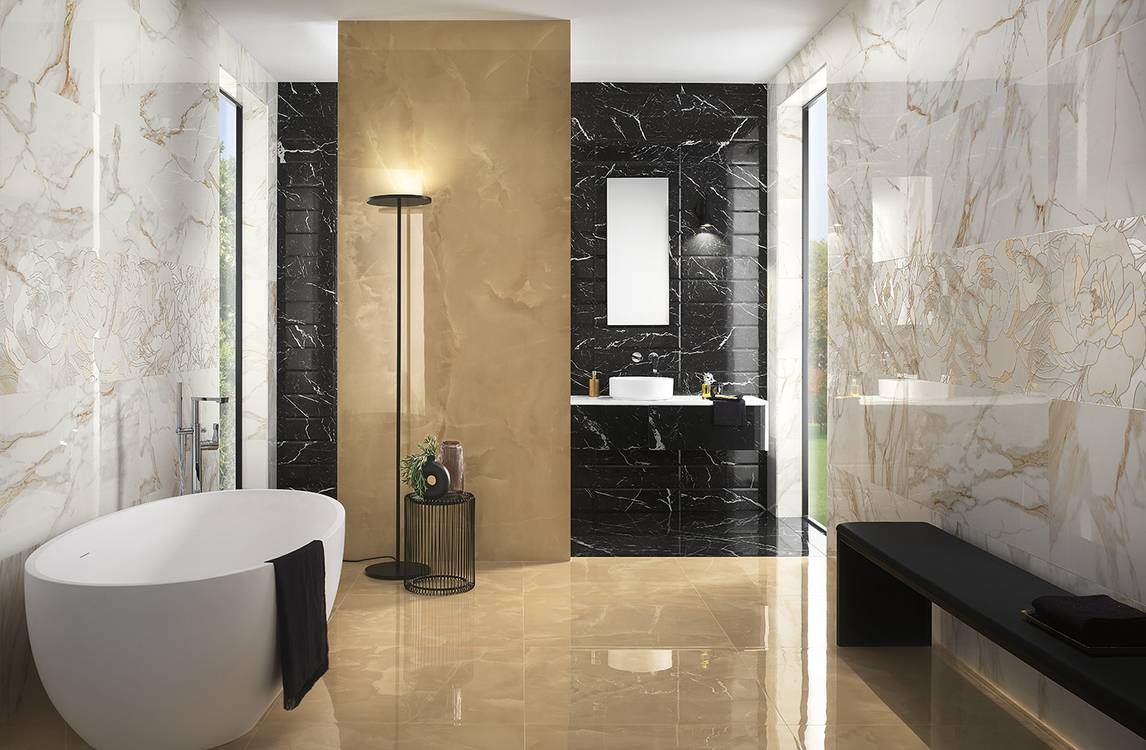 Imagen de ambiente Baño, realizada con baldosas de la colección: ROMA GOLD – BEIGE, BLANCO, NEGRO