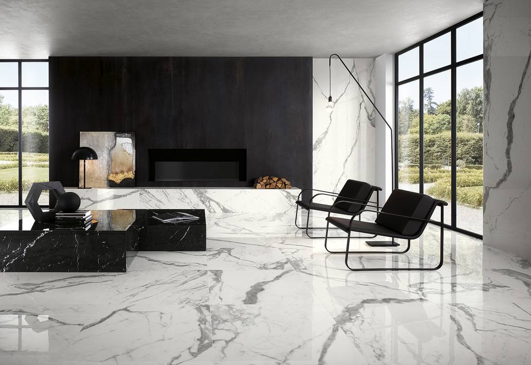 Room view , created with tiles from the collection: FAP MAXXI 120x278 – White, Black
