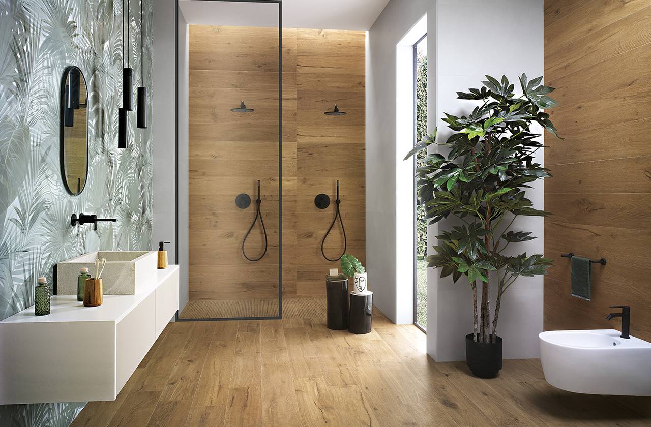 Room view Bathroom, created with tiles from the collection: ROOTS – Green, Grey, Beige