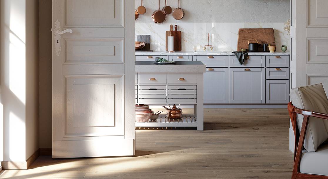 Imagen de ambiente Cocina, realizada con baldosas de la colección: ROOTS – BLANCO, GRIS