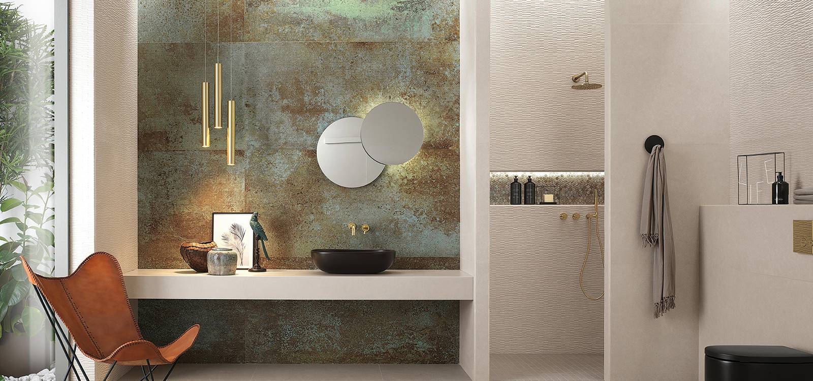 Imagen de ambiente Baño, realizada con baldosas de la colección: SHEER – GRIS, BLANCO, Verde