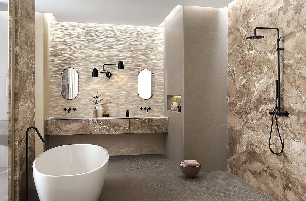 Room view Bathroom, created with tiles from the collection: SHEER – Beige, Grey, Brown