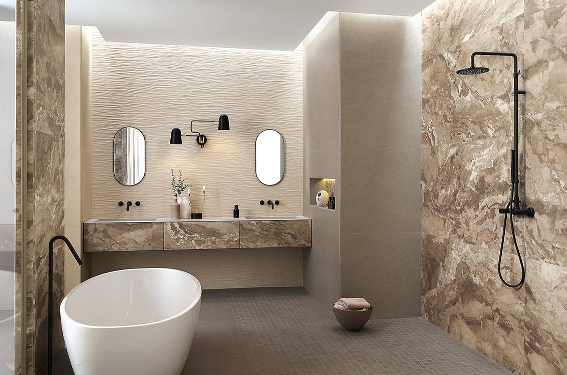 Imagen de ambiente Baño, realizada con baldosas de la colección: SHEER – BEIGE, GRIS, BROWN