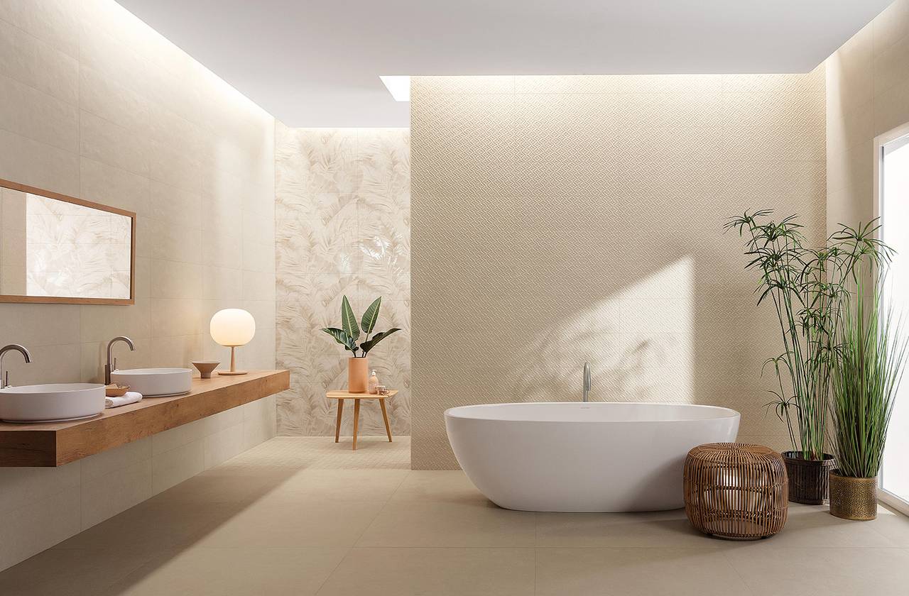 Room view Bathroom, created with tiles from the collection: SHEER – Beige