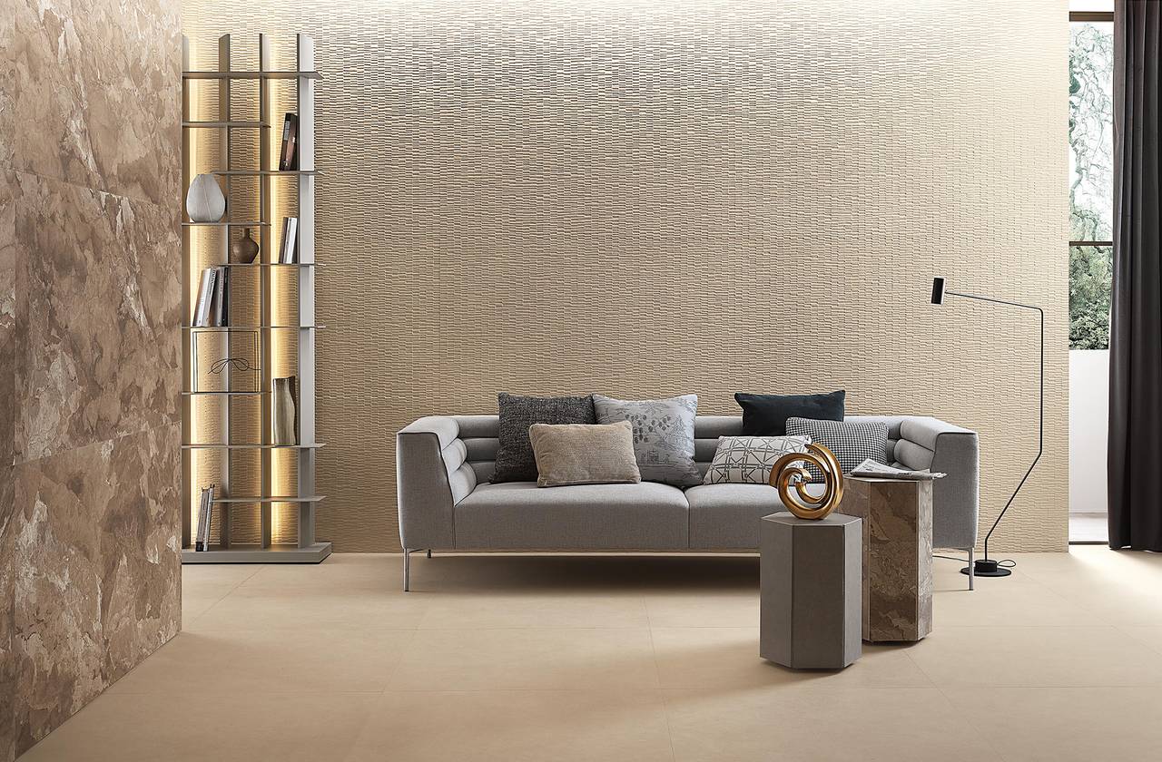 Raumabbildung Hous, gestaltet mit Fliesen aus der Kollektion: SHEER – BEIGE