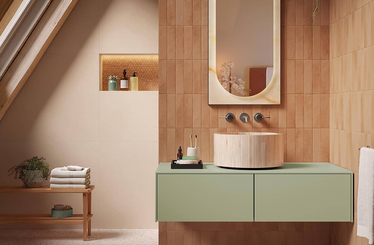 Room view Bathroom, created with tiles from the collection: STILL – Brown, Red-Pink