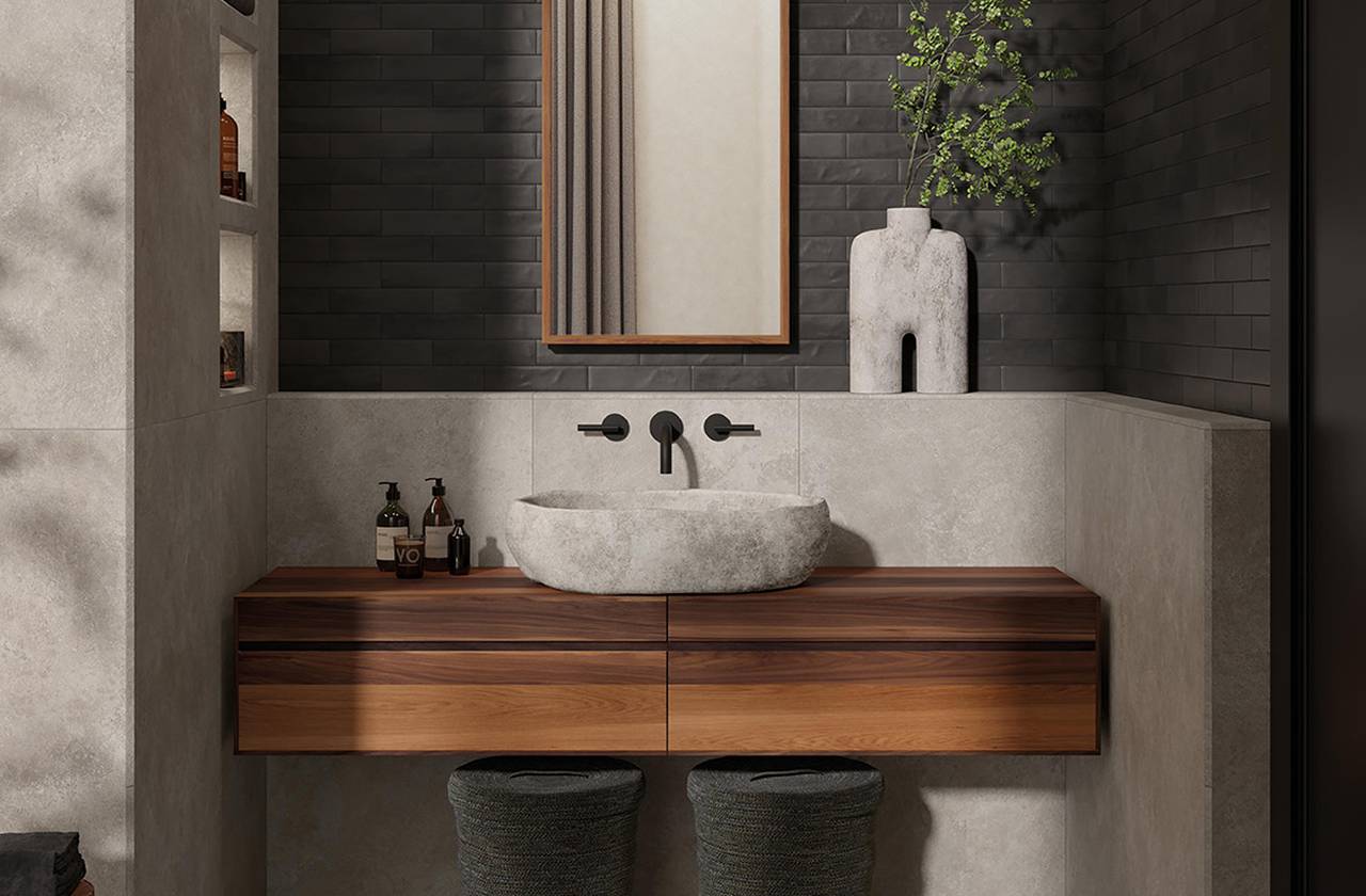 Room view Bathroom, created with tiles from the collection: STILL – Grey, Black