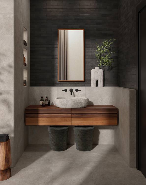 Imagen de ambiente Baño, realizada con baldosas de la colección: STILL – GRIS, NEGRO