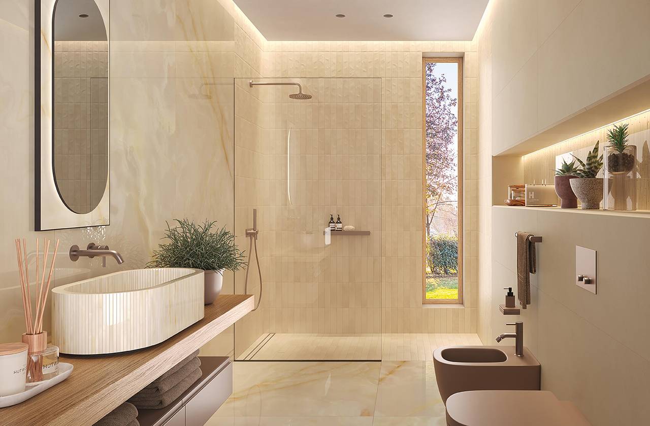 Room view Bathroom, created with tiles from the collection: STILL – Beige