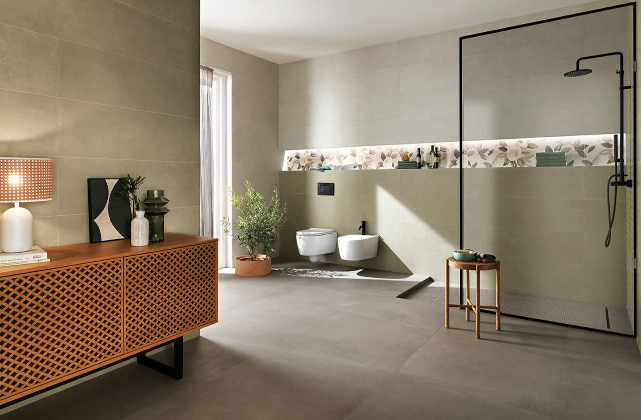 Room view Bathroom, created with tiles from the collection: SUMMER – Grey, Green