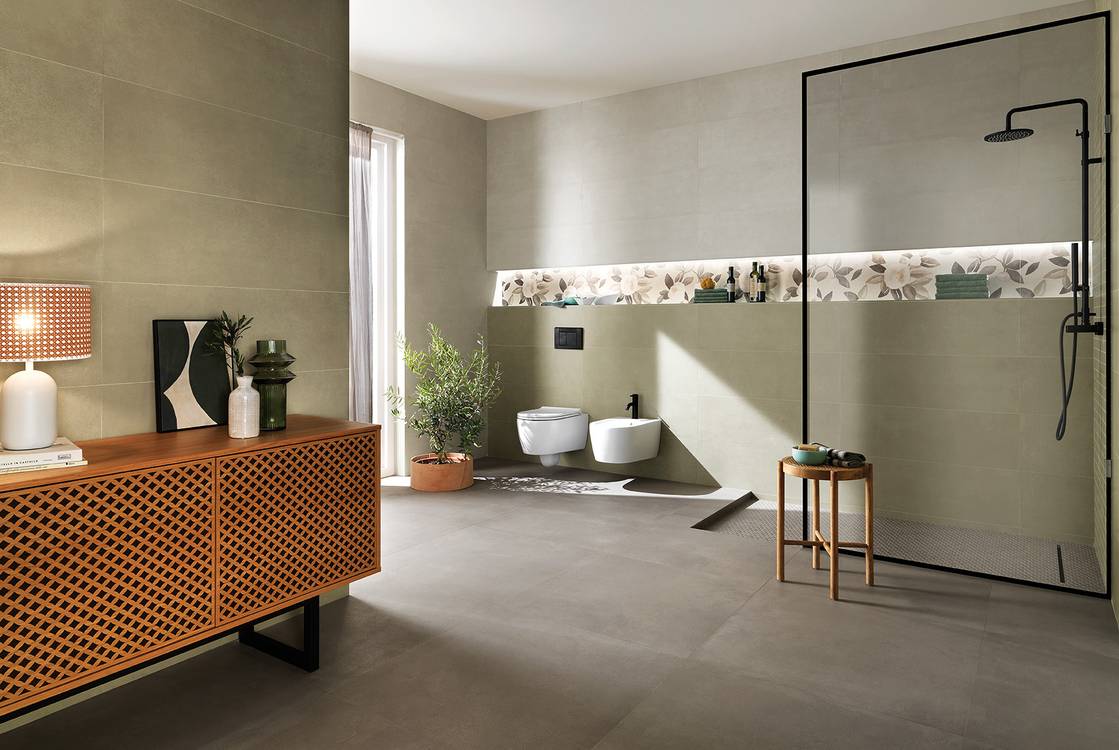 Imagen de ambiente Baño, realizada con baldosas de la colección: SUMMER – GRIS, Verde