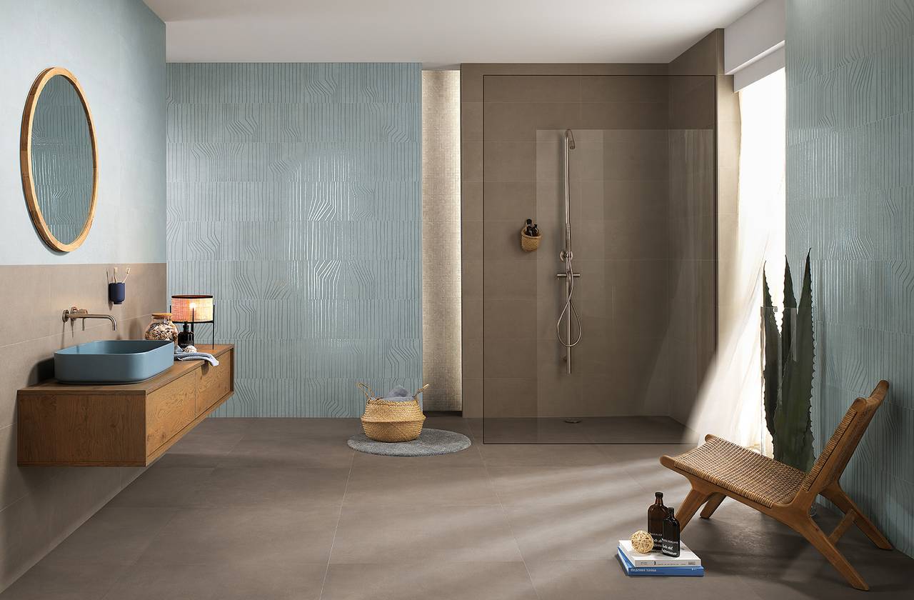 Room view Bathroom, created with tiles from the collection: SUMMER – Brown, Light Blue, Grey