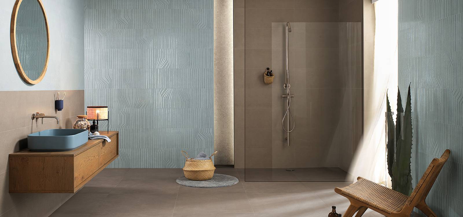 Room view Bathroom, created with tiles from the collection: SUMMER – Brown, Light Blue, Grey