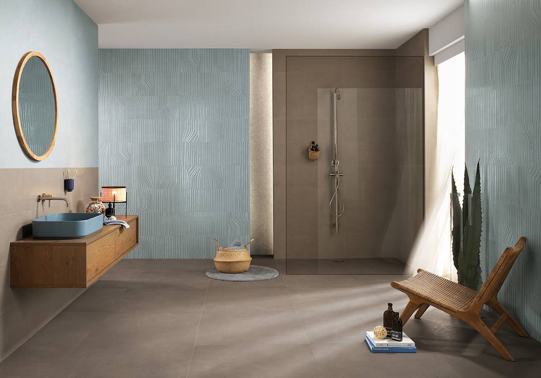 Imagen de ambiente Baño, realizada con baldosas de la colección: SUMMER – BROWN, Azzurro, GRIS