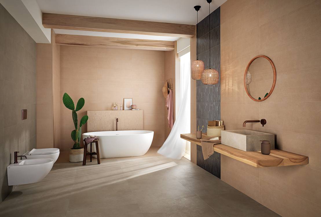 Imagen de ambiente Baño, realizada con baldosas de la colección: SUMMER – BEIGE, BROWN