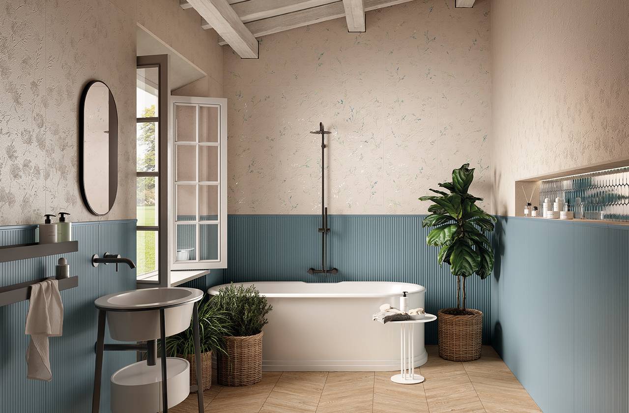 Room view Bathroom, created with tiles from the collection: TRUE COLOR – Grey, Blue, Beige