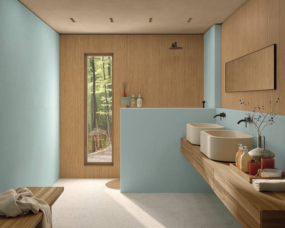 Imagen de ambiente Baño, realizada con baldosas de la colección: TRUE COLOR – BROWN, Blu, BLANCO