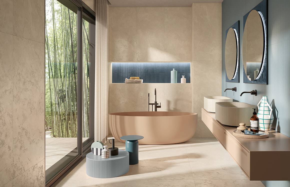 Imagen de ambiente Baño, realizada con baldosas de la colección: VENTO DEL SUD – BEIGE, Blu, OTRAS