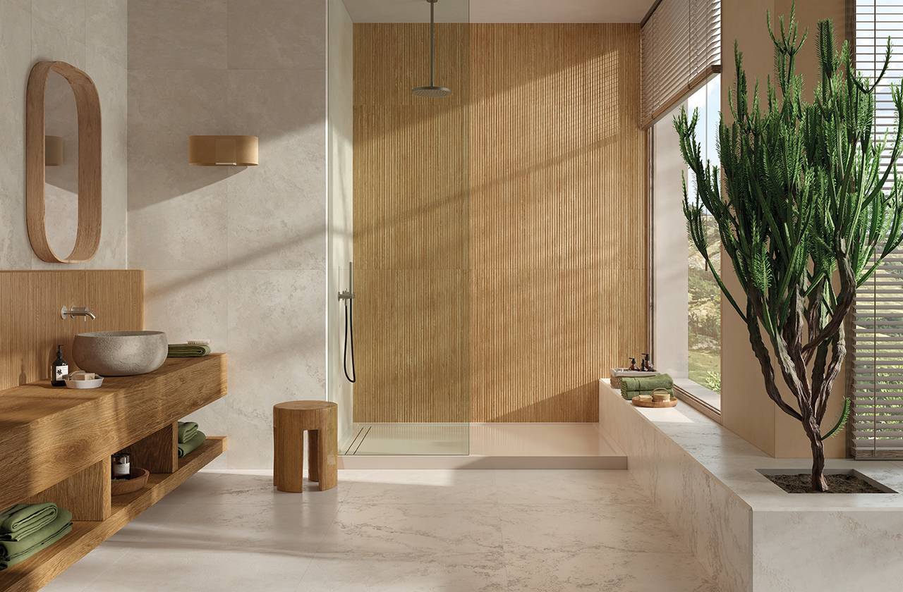 Room view Bathroom, created with tiles from the collection: VENTO DEL SUD – White, Brown
