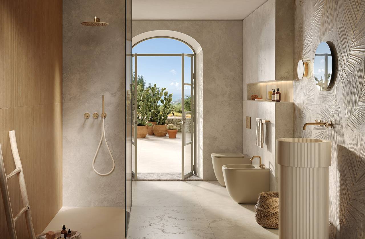Room view Bathroom, created with tiles from the collection: VENTO DEL SUD – Brown, Beige