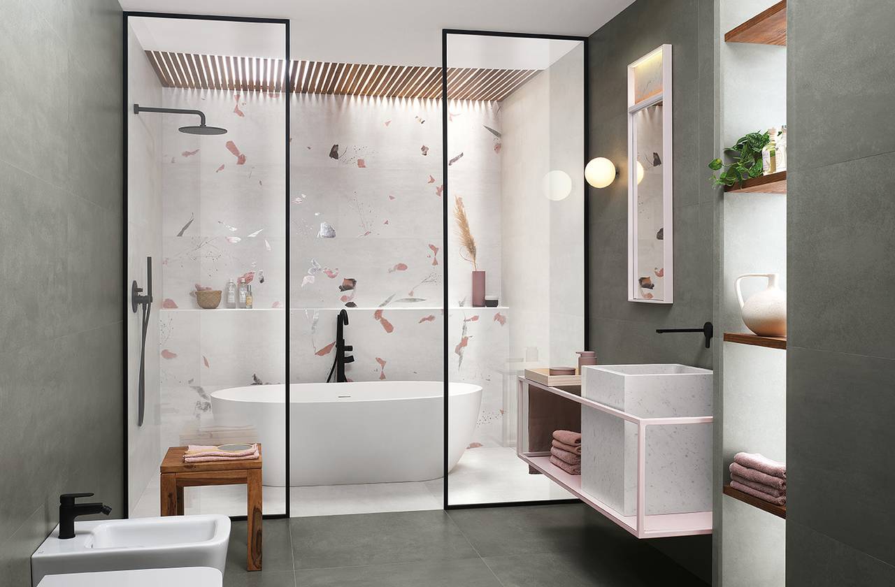 Room view Bathroom, created with tiles from the collection: YLICO – White, Green