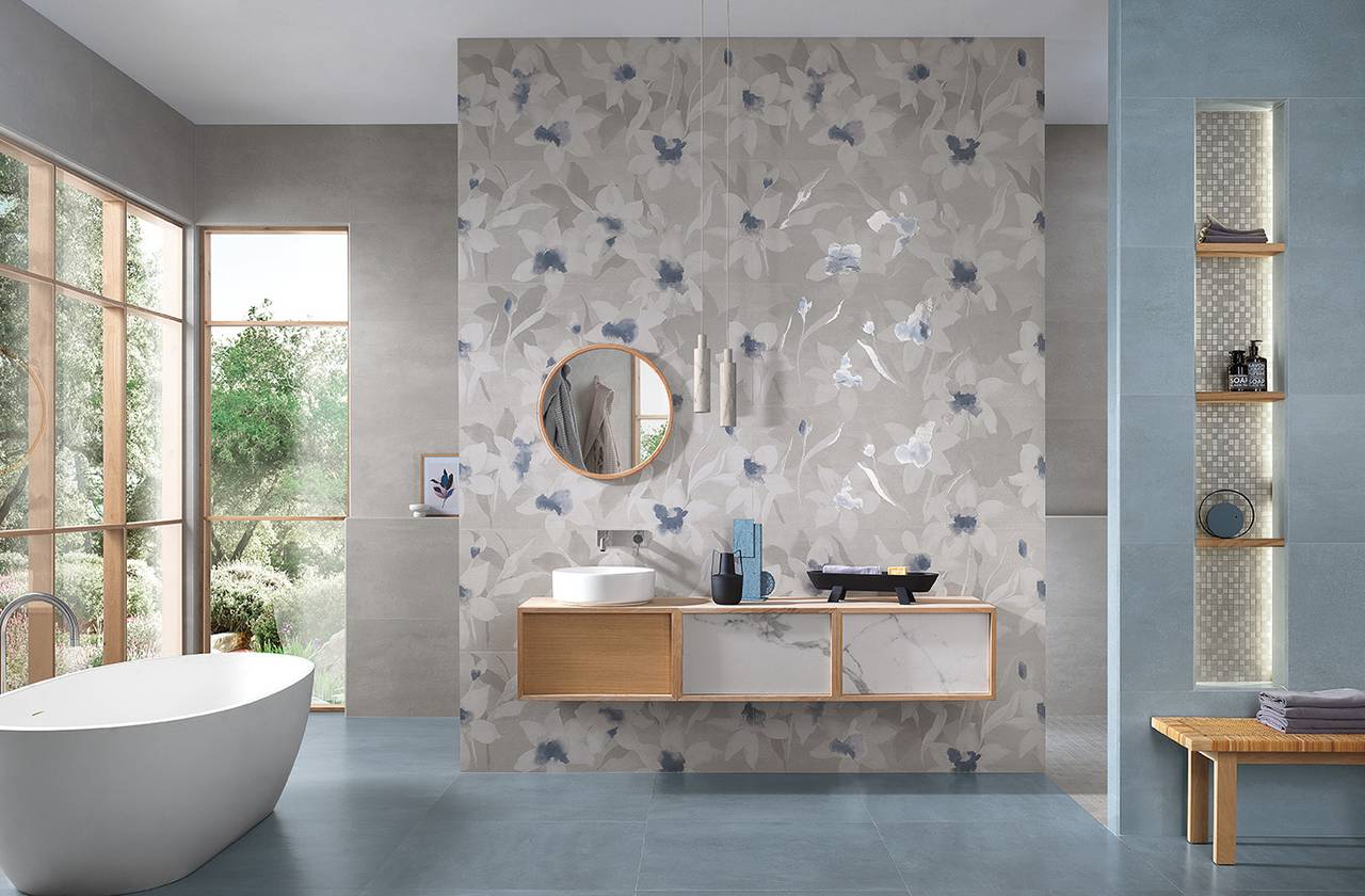 Room view Bathroom, created with tiles from the collection: YLICO – Grey, Light Blue