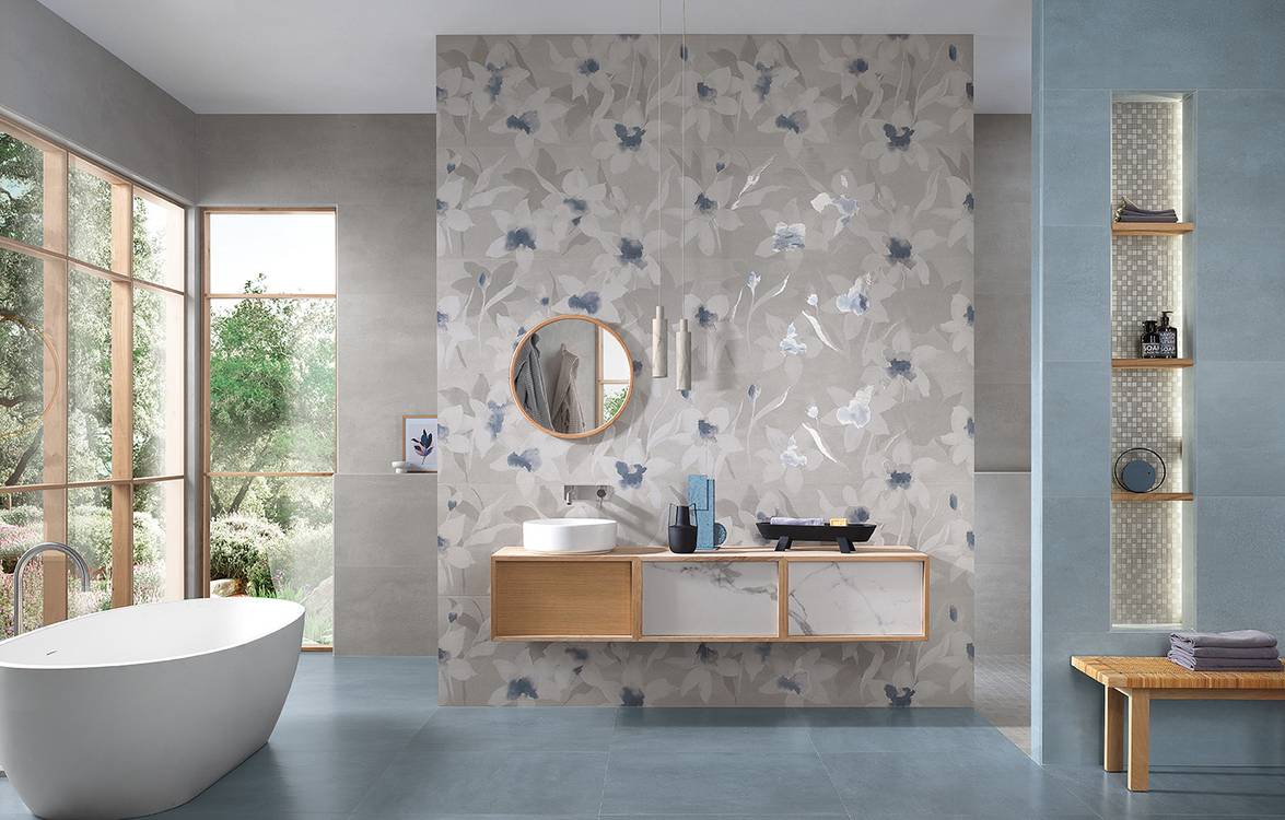Imagen de ambiente Baño, realizada con baldosas de la colección: YLICO – GRIS, Azzurro