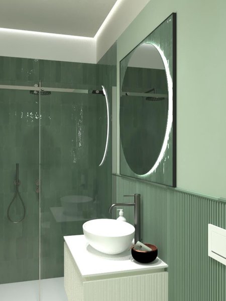 Bathroom design image in Rectangular shape, created with floor tiles NOBU and wall tiles GLIM, TRUE COLOR