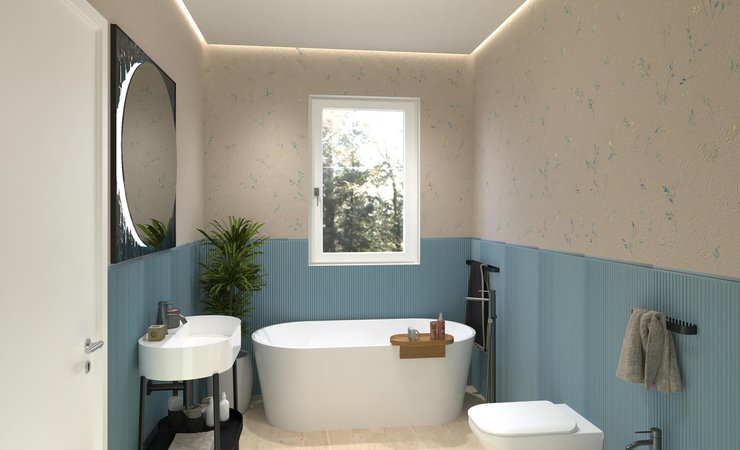 Bathroom design image in Rectangular shape, created with floor tiles PLEIN AIR and wall tiles TRUE COLOR