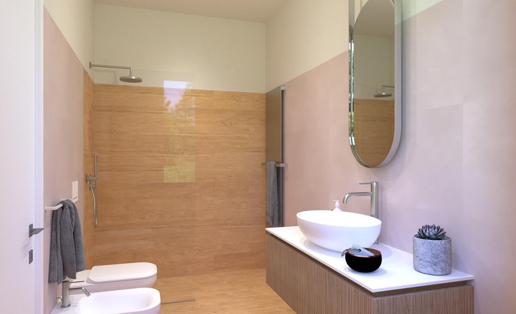 Bathroom design image in Rectangular shape, created with floor tiles PLEIN AIR and wall tiles PLEIN AIR, MILANO MOOD