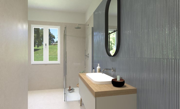 Bathroom design image in Rectangular shape, created with floor tiles MATERIA PURA and wall tiles MATERIA BRILLANTE, MATERIA PURA
