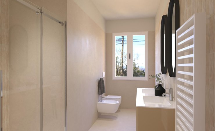 Bathroom design image in Rectangular shape, created with floor tiles MATERIA PURA and wall tiles STILL, MATERIA PURA