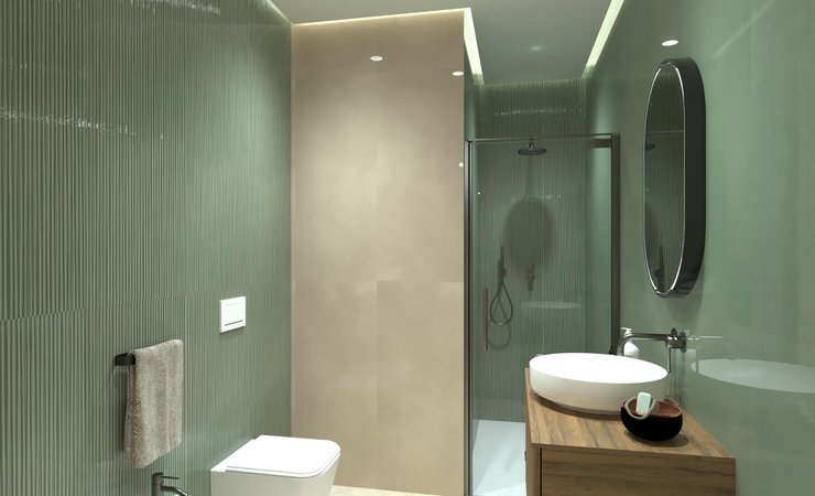 Bathroom design image in Rectangular shape, created with floor tiles VENTO DEL SUD and wall tiles MATERIA BRILLANTE