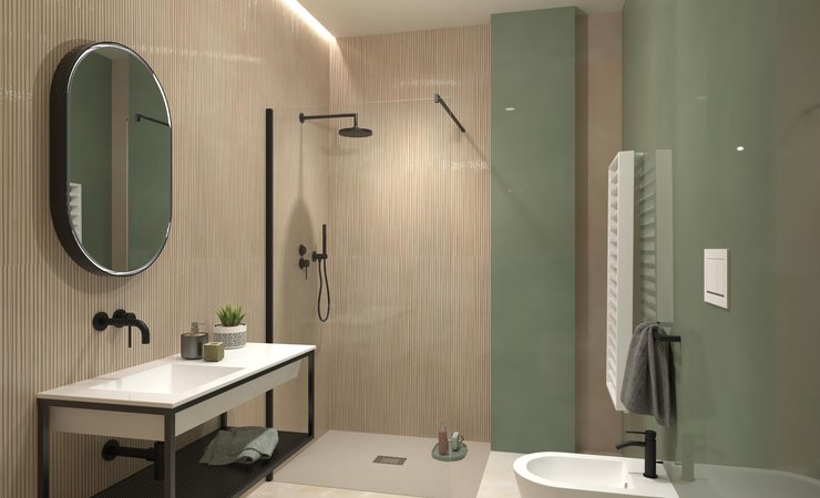 Bathroom design image in Rectangular shape, created with floor tiles GEMME and wall tiles MATERIA BRILLANTE