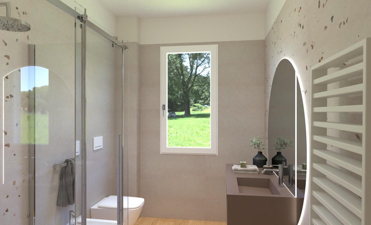 Bathroom design image in Rectangular shape, created with floor tiles PLEIN AIR and wall tiles MATERIA PURA
