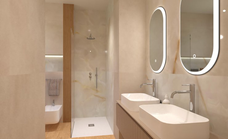 Bathroom design image in Rectangular shape, created with floor tiles PLEIN AIR and wall tiles MILANO MOOD, TRUE COLOR, GEMME