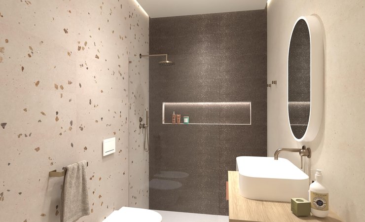Bathroom design image in Rectangular shape, created with floor tiles MATERIA PURA and wall tiles MATERIA PURA