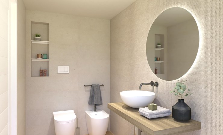 Immagine di progetto bagno di forma Rettangolare, realizzato con piastrelle a pavimento ROOTS e piastrelle a rivestimento MATERIA PURA