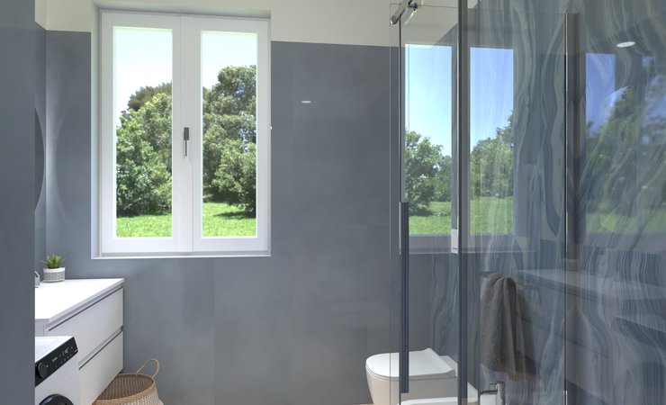 Bathroom design image in Squared shape, created with floor tiles PLEIN AIR and wall tiles MATERIA BRILLANTE