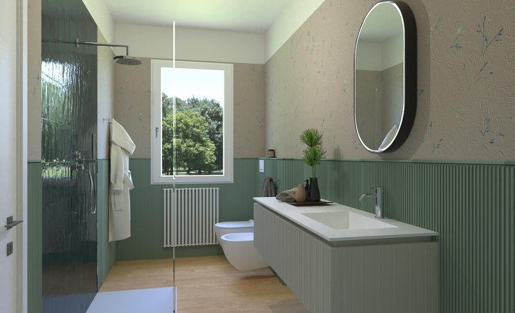 Bathroom design image in Rectangular shape, created with floor tiles PLEIN AIR and wall tiles GLIM, TRUE COLOR