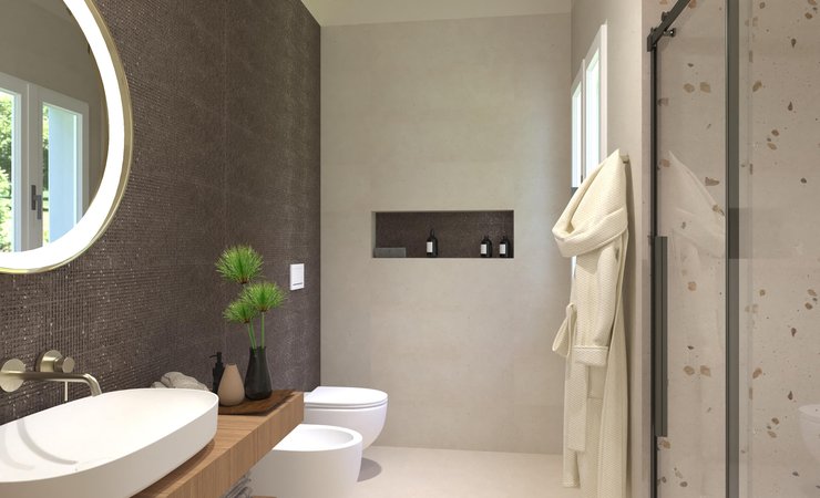 Immagine di progetto bagno di forma Rettangolare, realizzato con piastrelle a pavimento MATERIA PURA e piastrelle a rivestimento MATERIA PURA