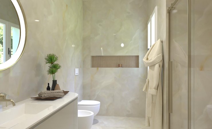 Bathroom design image in Rectangular shape, created with floor tiles GEMME and wall tiles MATERIA BRILLANTE, GEMME